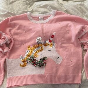 Christmas Pink Unicorn Sweater with Sequin Details and Bell
